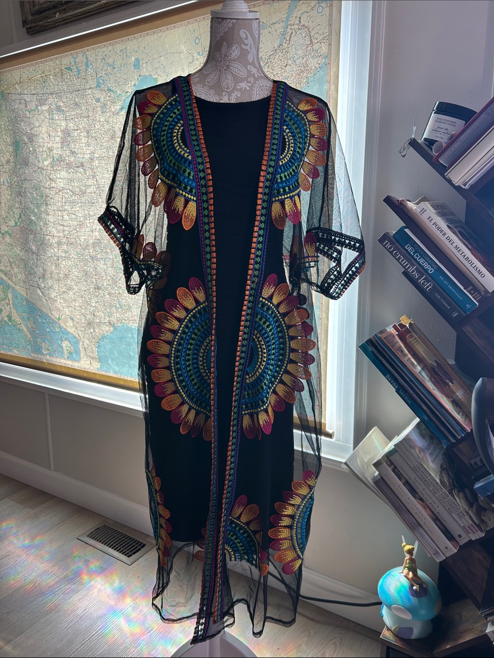 Source Unknown Black Sheer Tunic with Blue, Yellow & Pink Sunburst Embroidery